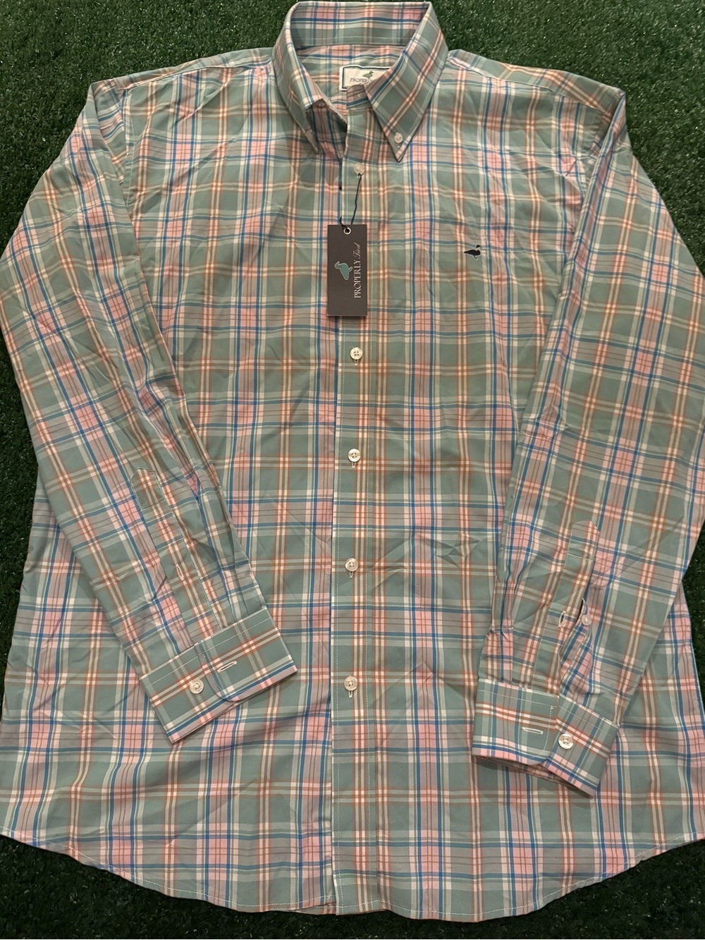 Properly Tied NWT Men's Button-Down Plaid Shirt in Green and Pink